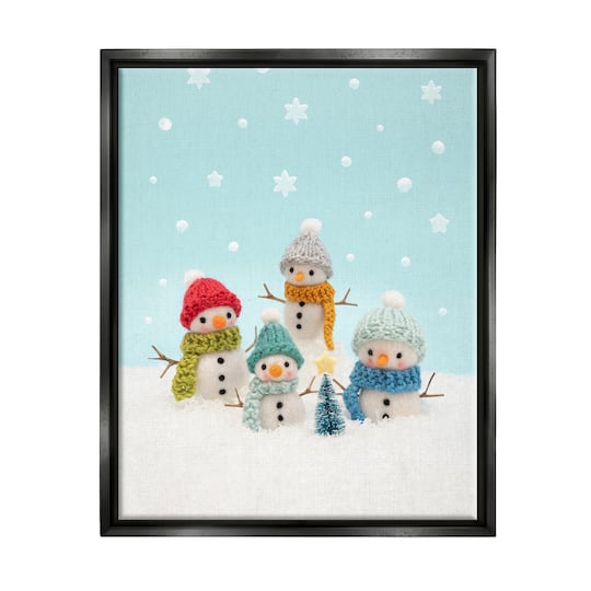 Stupell Industries Winter Snowmen Christmas Tree Framed Floater Canvas Wall Art